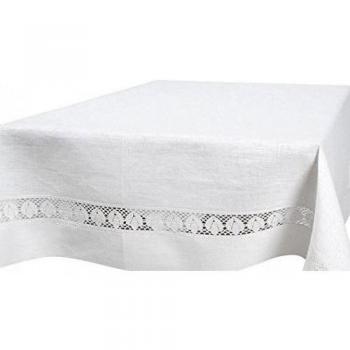 Lino fashion: blanco puro lino mantel con Floral Encaje Frontera, Blanco, 180cm x 350cm- 71 x 138