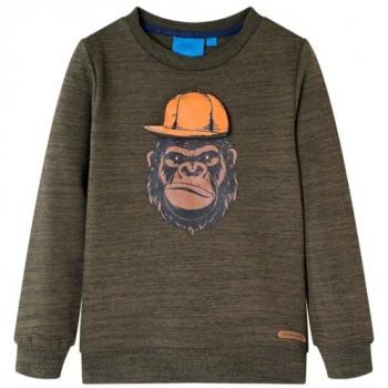 Sudadera Infantil Estampada de Gorila en Caqui Oscuro Melange, Ropa de Manga Larga con Cuello Redondo, Talla 140