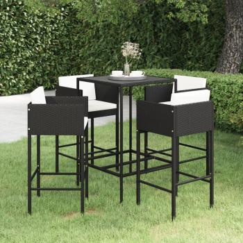5-Piece Black Poly Rattan Garden Bar Set with Cushions