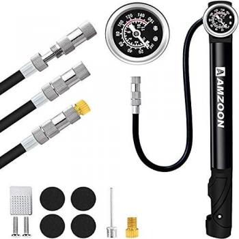 AMZOON Bomba para Bicicleta Inflador Bici Con Manómetro Tubo Extensión Mini Bomba de Aire Bicicleta Adaptador Válvulas Presta y Schrader Hinchador Bici per BMX MTB Accesorios Bicicleta
