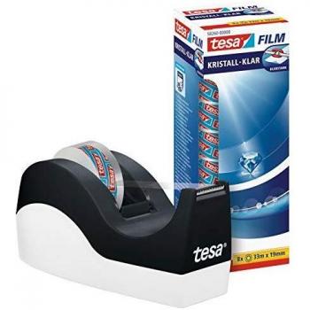 Dispenser de mesa tesa Easy Cut® Orca + 8 rollos de tesafilm cristal claro, para cintas hasta 33 m x 19 mm, color negro y blanco