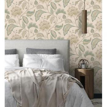 Papel Pintado Vinílico Lavable de Flores Peonía Grandes Verde Claro y Fondo Beige - Rollo 10 m x 0,53 m