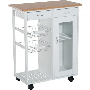 HOMCOM Carrito de Cocina Auxiliar Multiusos con Ruedas, Estantes, Cestas y Cajones, 70x37x85 cm, Blanco/Natural