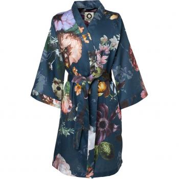 Albornoz kimono de satén de algodón para mujer Fleur Noche Azul Essenza