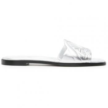 Alexander McQueen Women's Flat Leather Slide Sandals in Silver | Size 36