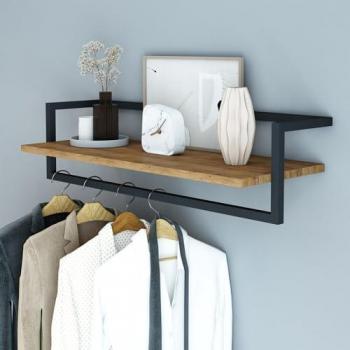 Perchero mural Evje con estante y barra de colgar 80x30x20cm - Efecto Madera/Negro