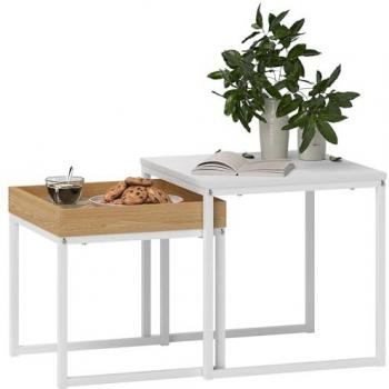 Mesas Nido Auxiliares de Café Blancas y Roble con Marco de Acero - Set de 2 Piezas 45 x 45 x 45 cm