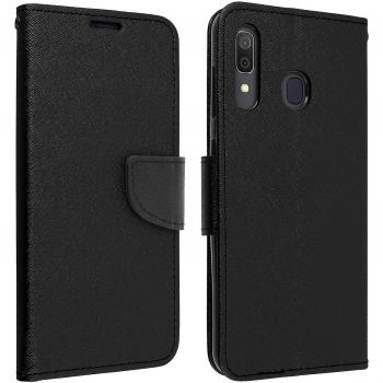 Funda libro cartera para Samsung Galaxy A30 con función soporte, estilo fancy, color negro, incluye ranuras para tarjetas y diseño elegante