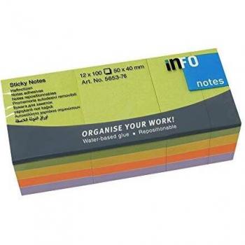 Notas Adhesivas Coloridas 50 x 40 mm, Pack de 12 Bloques, 100 Hojas por Bloque