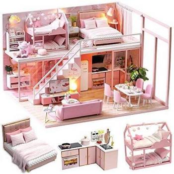 CUTEBEE Miniatura de la casa de muñecas con Muebles, Equipo de casa de muñecas de Madera DIY, más Resistente al Polvo y el Movimiento de música