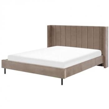 Cama Super King Size 180 x 200 cm con Estructura de Terciopelo Taupe y Base con Listones Estilo Glam Moderno