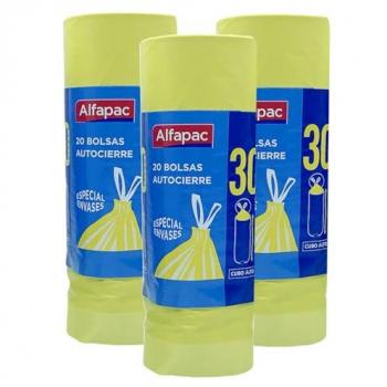 Bolsas de basura autocierre Alfapac 30 L, 3 rollos de 20 bolsas (60 bolsas), especiales para envases y cubos altos, dimensiones 50x75 cms