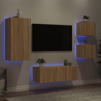 Mueble de pared para TV con LED, 5 piezas, madera multicapa roble Sonoma