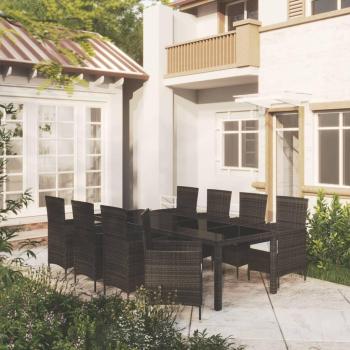 Set de comedor de jardín 9 piezas con cojines de polyrattan negro