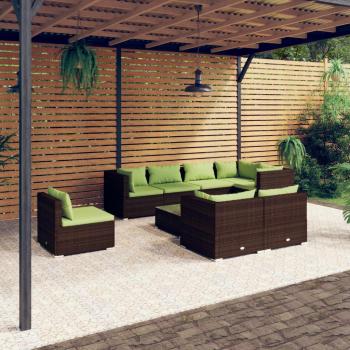 Set de muebles de jardín 9 piezas y cojines ratán sintético marrón