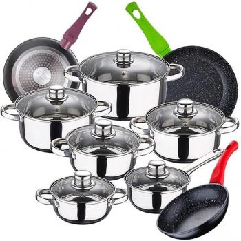 Batería de Cocina San Ignacio 12 Piezas en Acero Inoxidable con Sartenes y Tapas de Vidrio Cassel Jolie