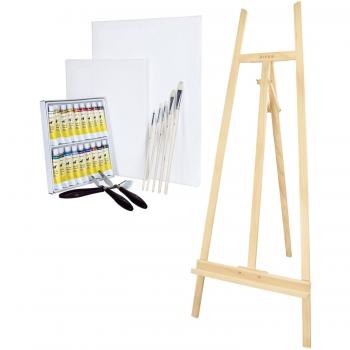 Artina caballete de pintura Sevilla madera maciza de pino y set de colores acrílicos con pinceles y espátulas