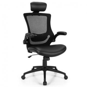 Adjustable Black Leather Mesh Swivel Office Chair with Flip-up Arms