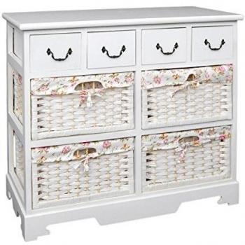 Cómoda Blanca con 4 cajones y 4 cestas con Fundas de Flores Rosadas para baño Pasillo