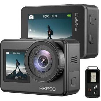 AKASO Cámara Deportiva WiFi 4K EIS 2.0 20MP Cámara de Acción con Dual Pantalla Táctil con Control Remoto Soporte Control de Voz de Micrófono Externo con 2 Baterías 1350 mAh Cámara de Vlog