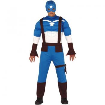 Disfraz de Superhéroe Capitán Azul para hombre, incluye traje completo con capa, máscara y detalles en el diseño, disponible en varias tallas