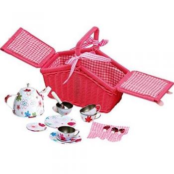 Cesta de picnic rosa con vajilla de hojalata - Set de 20 piezas para niños a partir de 3 años