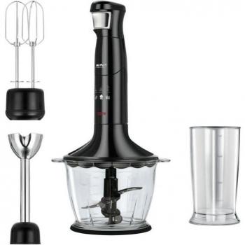 MPM MBL-29/C Batidora de Mano Multifunción 1200W con Picadora, Varillas, Accesorios, Acero Inoxidable, Función Soft Touch, Libre de BPA, Negro/
