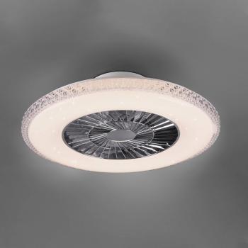 Ventilador de techo LED Harstad con control remoto multifunción, difusor satinado, efecto cristal y regulación de intensidad y temperatura