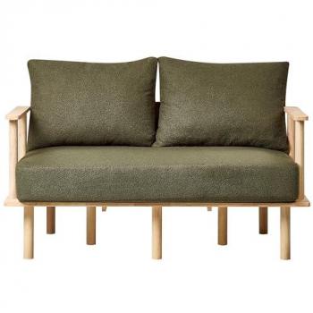 Sofá 2 plazas minimalista con estructura de madera clara y tapizado en bouclé verde oscuro Asker