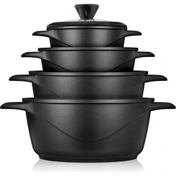 Briebe MGK12S Batería de Cocina Inducción 8 Piezas Aluminio Fundido 4 Ollas con Tapa de Cristal Antiadherente, Negro