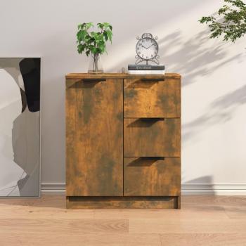 Aparador de madera contrachapada 60x30x70 cm color roble ahumado, mueble de almacenaje moderno para salón con armarios y cajón