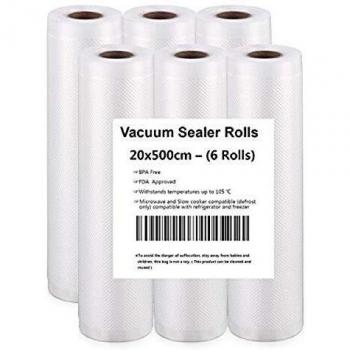 Rollo Envasado Vacío, 6 Rollos Bolsas de vacío 20x500cm de Grado Comercial para el Ahorrador de Alimentos y Sous Vide Cocina, Aprobación de la FDA y BPA Free
