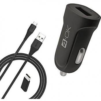 4-Ok Cargador USB Rapido 2.1A, Cargador Coche 12/24 V DC para Apple, Samsung, Xiaomi, Huawei, Incluye Cable USB a Micro USB y Adaptador Micro USB a Tipo C.