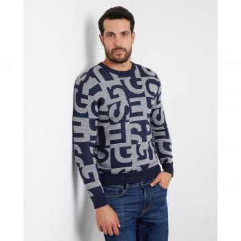 Guess DENNY CN LS ALLOVER Men's Sweater in Multicolour, Round-neck Knitwear, Male, Blue, Size: S Crew Neck Sweater