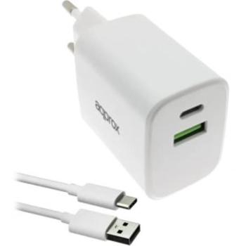 Cargador de Pared 35W Approx QC con 1 USB-A, 1 USB-C y Cable Blanco