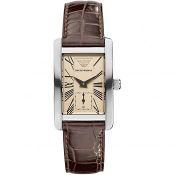 Emporio armani classic collection womens quartz watch with brown dial analogue display and brown leather strap ar0155