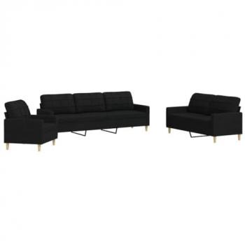 Juego de sofás 3 piezas tela negro, sofá, sofá de TV, sofá de Relax, sillón de TV, sofá de Descanso, sillón, sofá de Tela, Muebles de salón