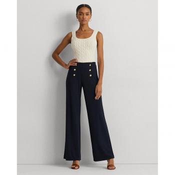 Lauren Ralph Lauren Women's Wide Leg Trousers with Decorative Buttons, Blue, Size M