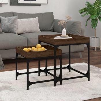 Mesitas auxiliares 2 uds madera contrachapada marrón roble, negro, roble sonoma y roble ahumado para salón o comedor