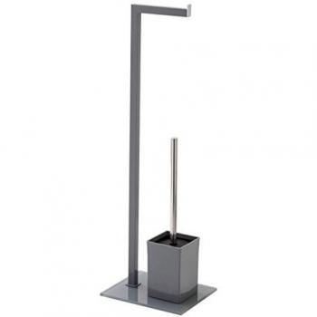 Piantana Porta Rollo y Porta Escobilla de Baño Feridras en Acero Gris, Base de Vidrio 22x18xh.70,5 cm