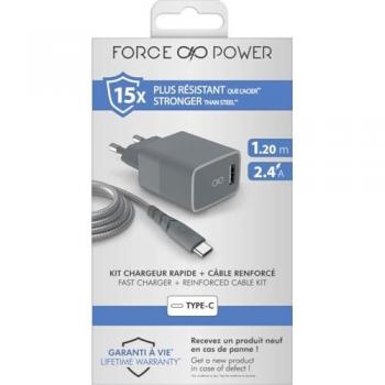 Cargador rápido Force Power 3A con cable USB A a USB C de 1.2m, plástico reciclado, color gris