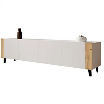 Mueble TV Charlotte 184, Blanco y Craft Roble, 4 Puertas, 201x53x42cm, Cierre Silencioso