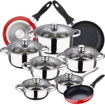 Batería de cocina 12 piezas SAN IGNACIO Cassel en acero inoxidable con juego de sartenes (16/20/24 cm) SAN IGNACIO Navy Red en aluminio prensado