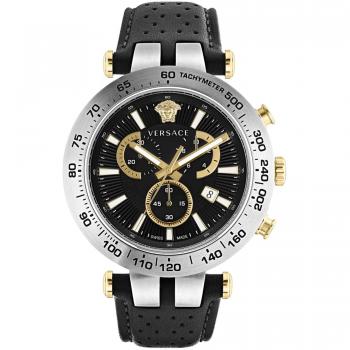 Versace Bold Chrono Black Leather Men's Watch, Gray, Size: ONE SIZE