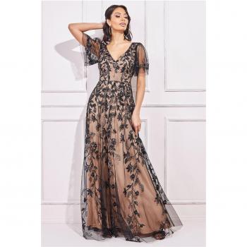 Goddiva Flared Sleeve Embroidered Maxi Dress - Black