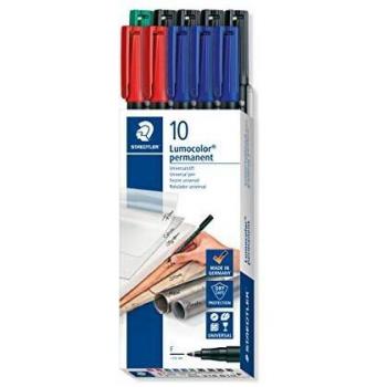 Staedtler Lumocolor 318 Rotuladores Permanentes para Retroproyección, Punta de Fibra Fina 0.6 mm, Caja de 10 Unidades Colores Surtidos