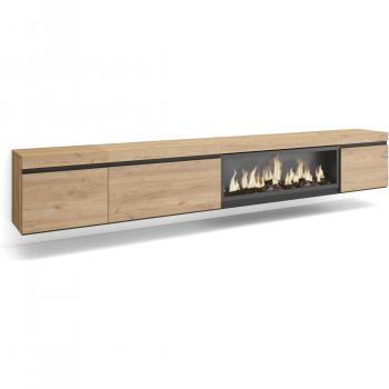 Mueble TV Colgado con Chimenea Eléctrica XXL - 288x35x45 cm - Para Televisores de Gran Formato - Efecto Madera Roble