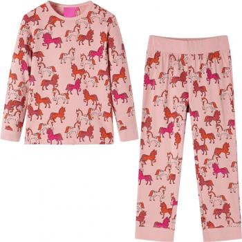 Pijama para niños de manga larga con estampado de caballos en color rosa claro, talla 128