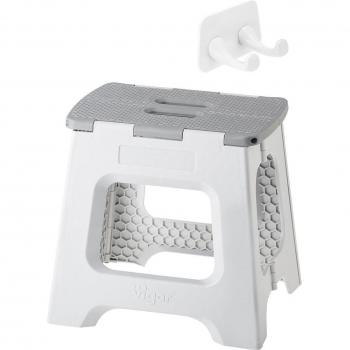 Vigar Compact Foldable Stool 32cm with Double Hook Multi-Purpose Hanger Set - Grey, Lightweight, Easy to Store, Supports up to 150kg, Includes 3M Adhesive Double Hook for Small Spaces