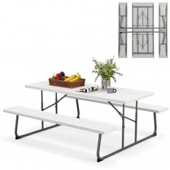Costway 72 in. Folding Picnic Table with Benches - White, Seats 8, Metal Frame with Umbrella Hole